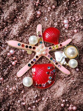 New Starfish & Shell Brooch Pink and Red Rhinestones and Faux Pearls